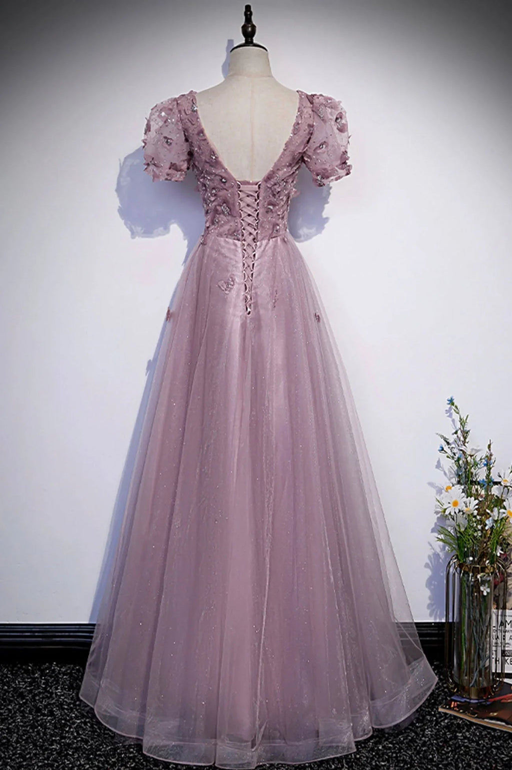Abito lungo da sera rosa in tulle con paillettes, abito da ballo rosa s61