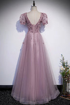 Abito lungo da sera rosa in tulle con paillettes, abito da ballo rosa s61