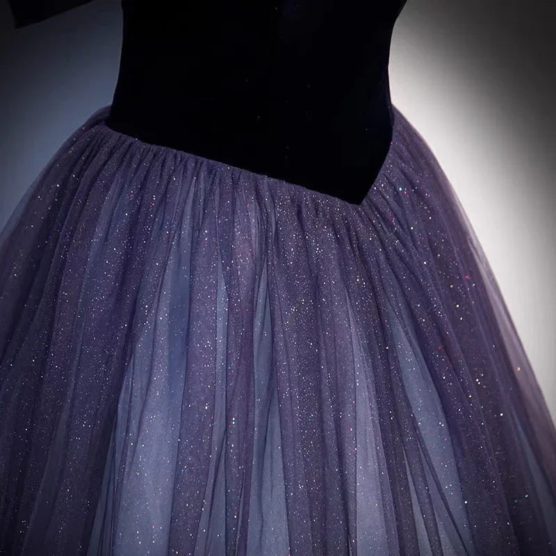 Vestido de baile longo em tule roxo, modelo linha A, vestido de noite s66