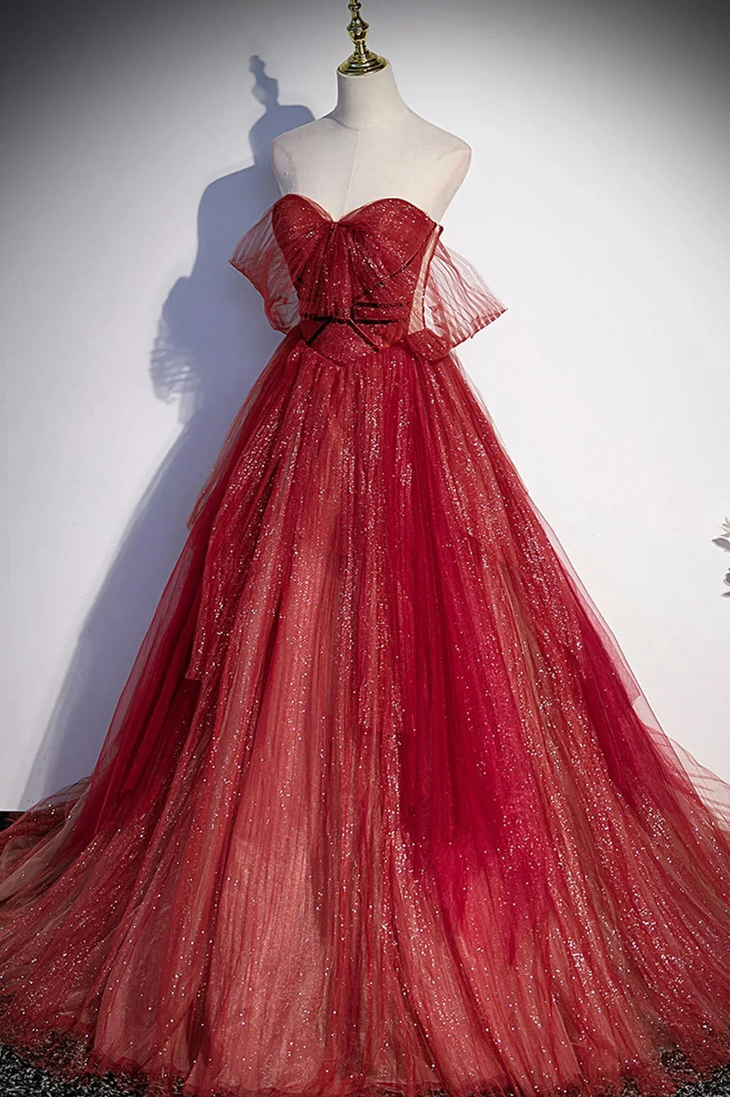 Abito lungo da sera a linea A in tulle bordeaux con paillettes, vestito da ballo s55