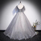 Abito lungo da sera a linea A in tulle grigio con paillettes s65
