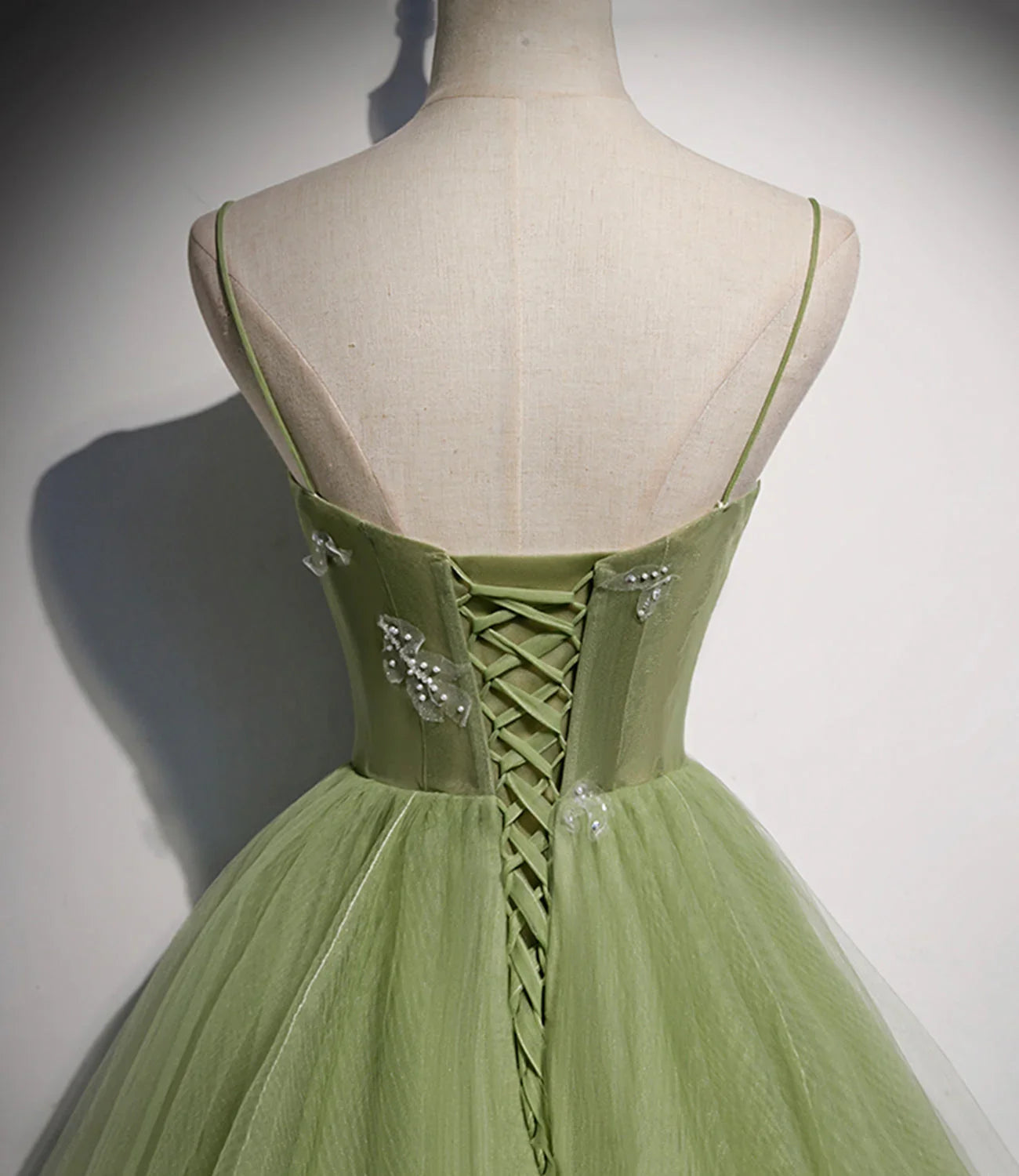 Abito lungo da sera in tulle verde a linea ad A s56