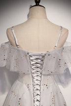 Elegante abito lungo da sera a linea A con paillettes in tulle s71