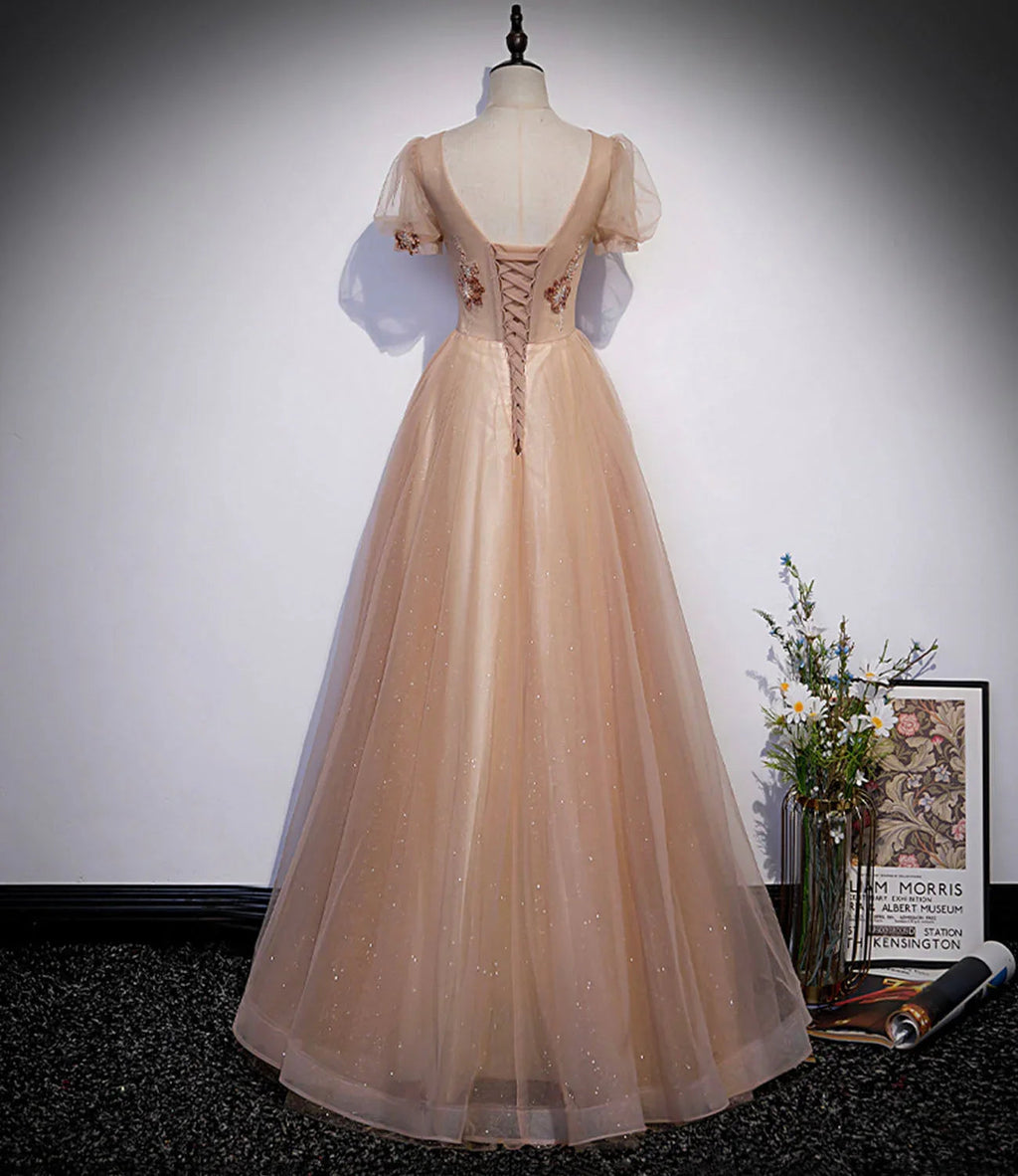 Abito lungo da sera a linea A con perline di tulle carine s63