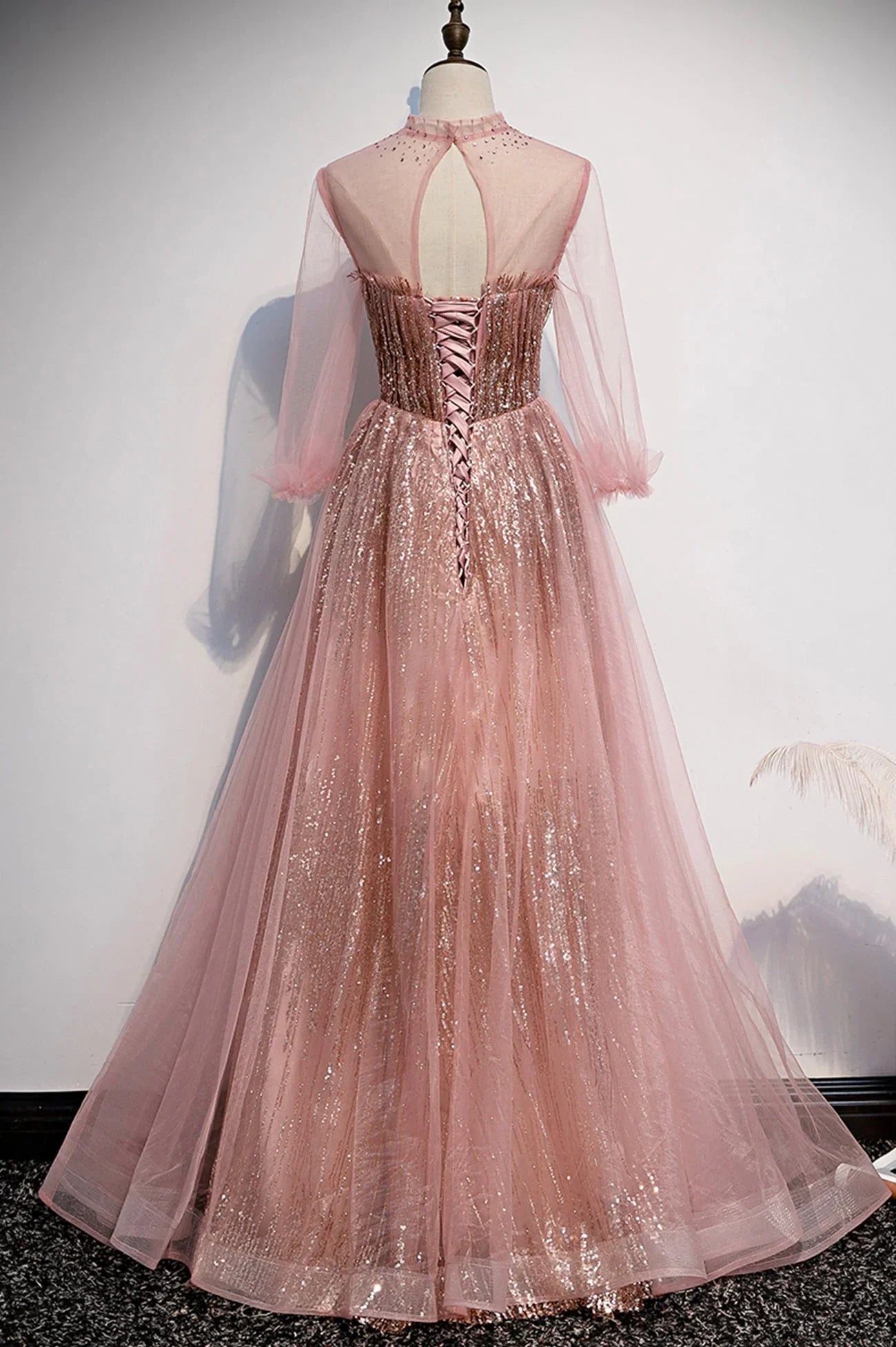 Abito lungo da sera rosa in tulle con paillettes, abito da ballo rosa s109