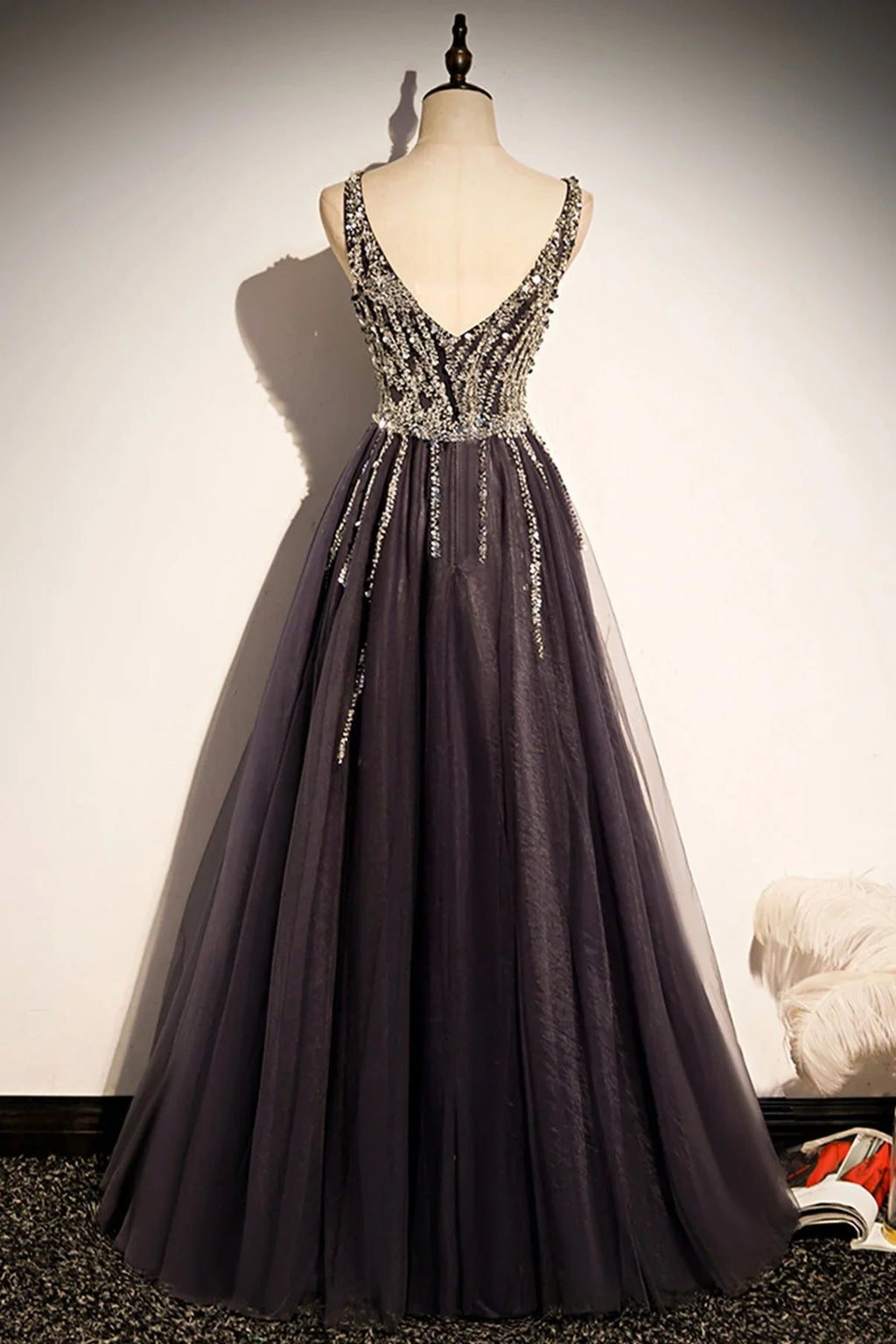 Elegante abito lungo da sera a linea ad A con scollo a V in tulle per ballo s76