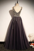 Elegante abito lungo da sera a linea ad A con scollo a V in tulle per ballo s76