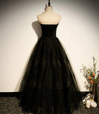 Vestido longo de tule preto em linha A para baile, vestido de noite preto s68
