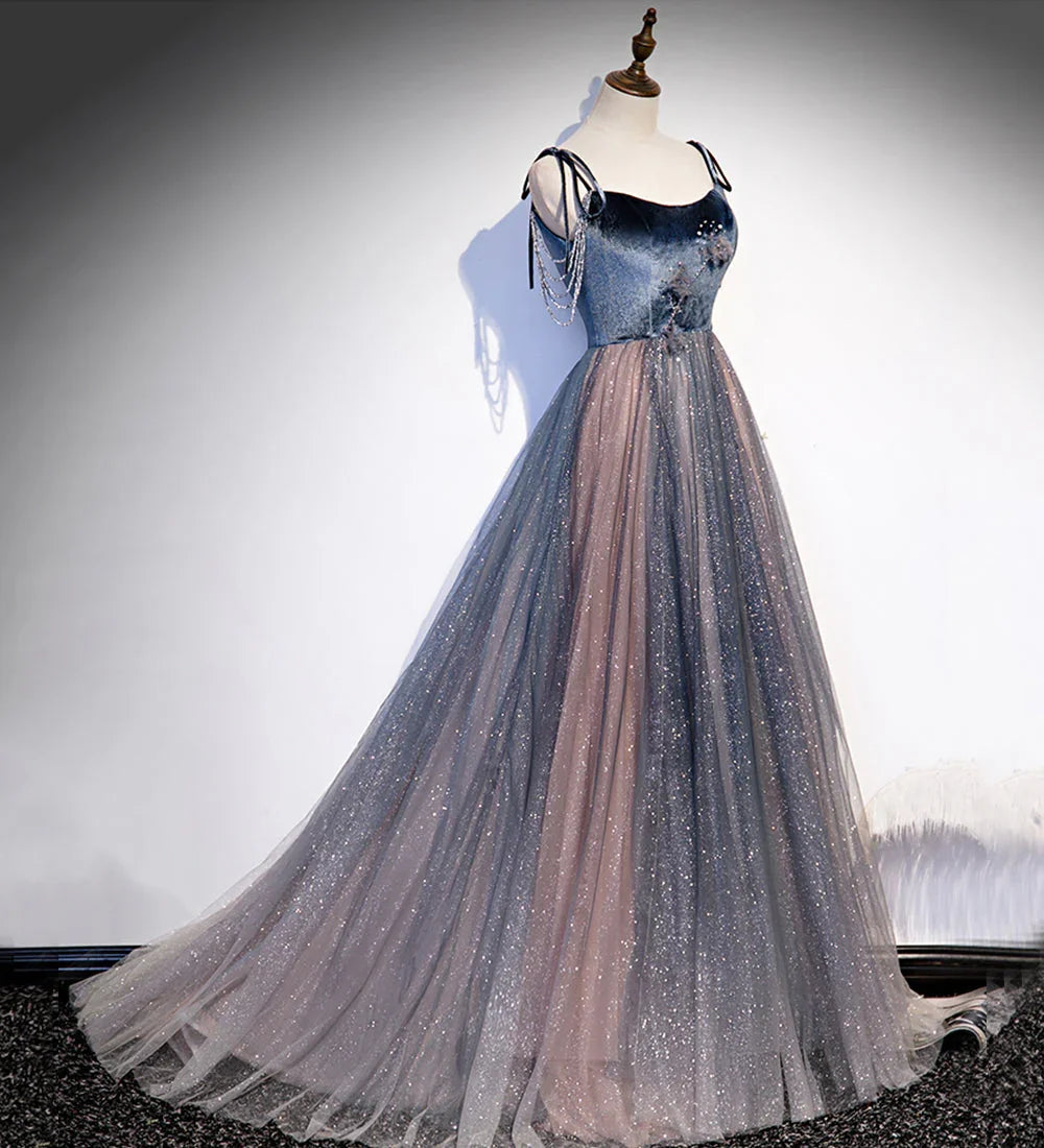 Vestido longo de baile de lantejoulas em tule azul vestido de noite s80