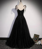 Vestido longo de baile em tule preto com contas Vestido de noite em linha A s58