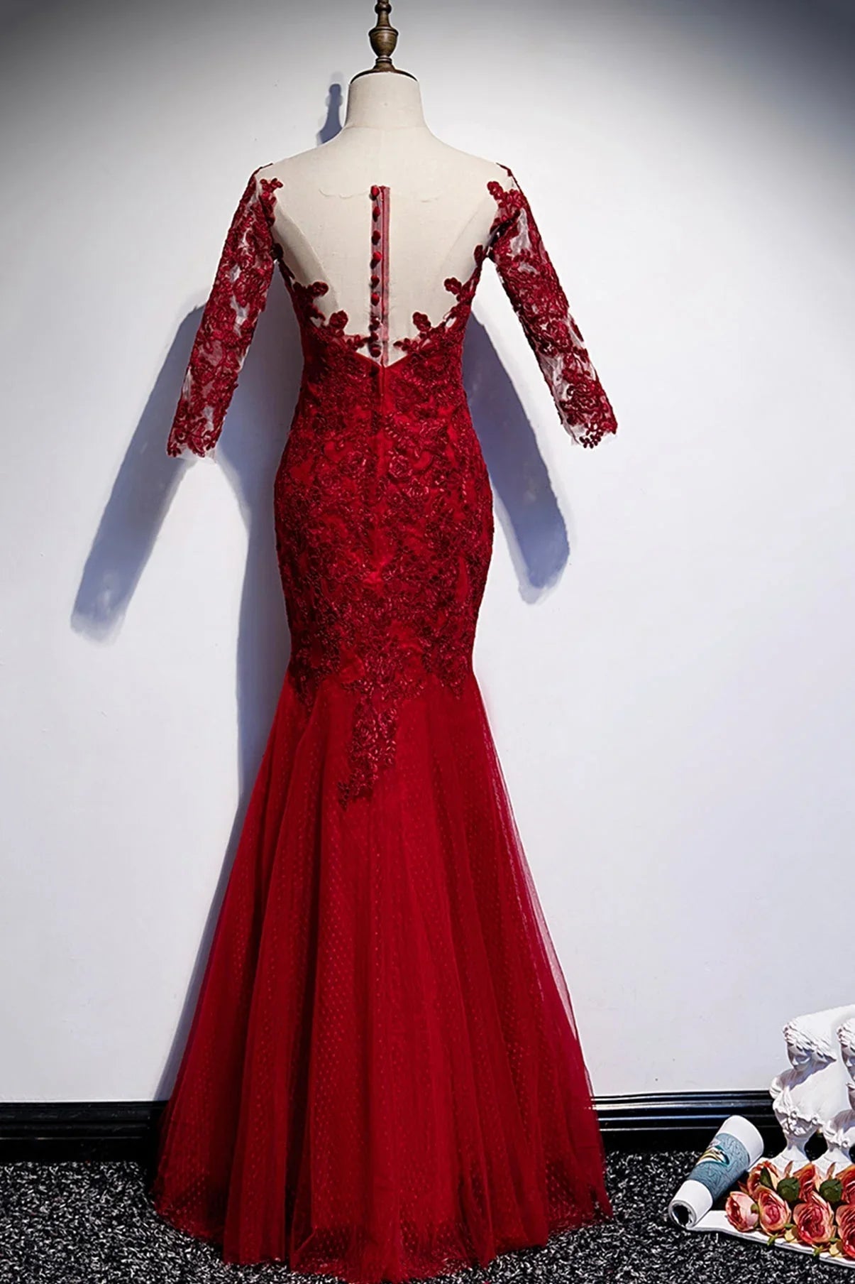 Vestido longo de renda borgonha para baile de finalistas, vestido de noite sereia s110