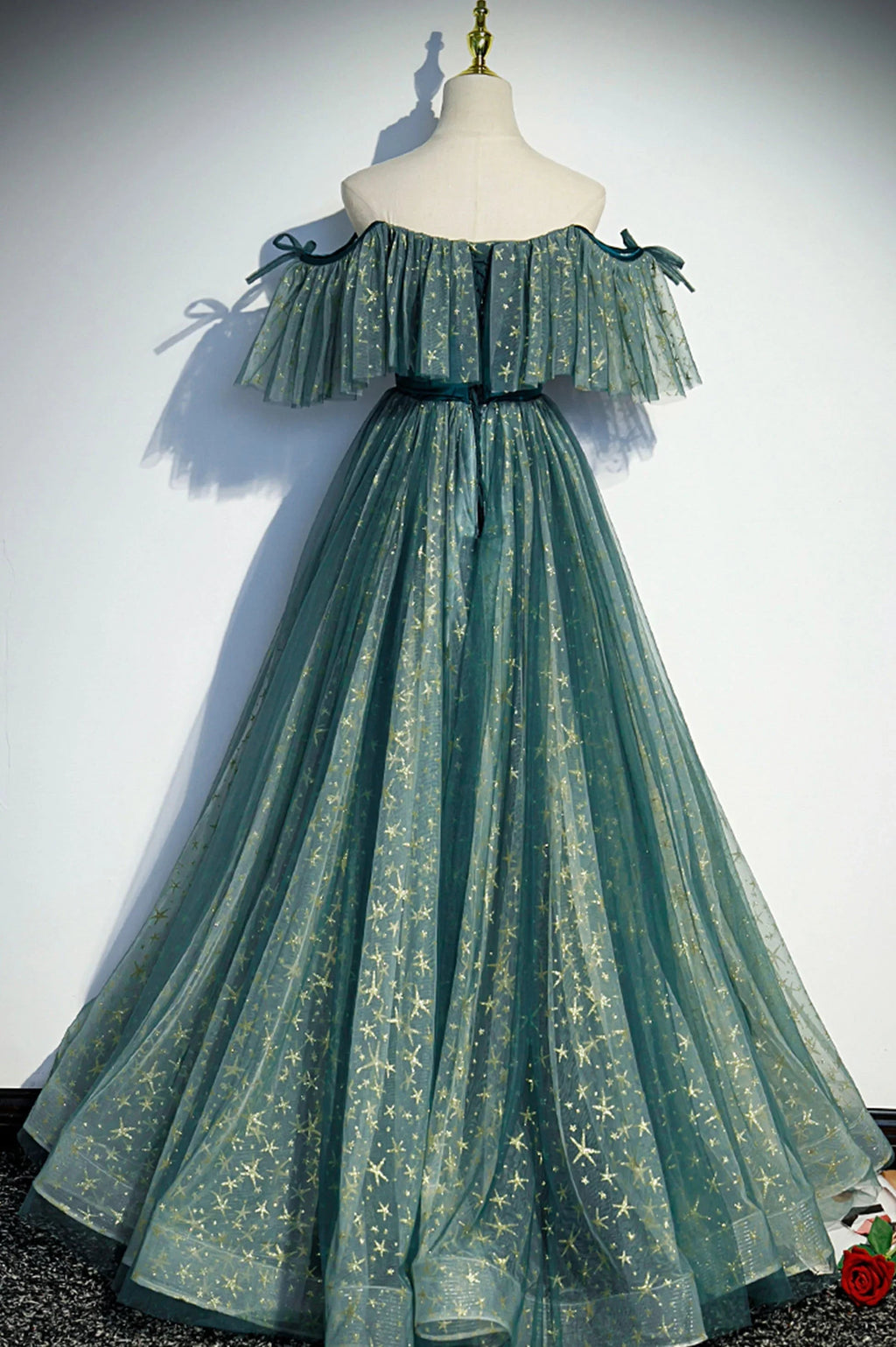 Abito lungo da sera a linea A con paillettes e tulle carino s90
