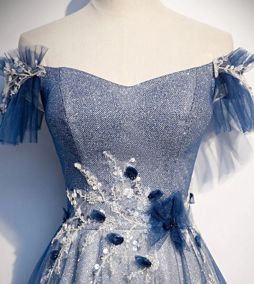 Robe longue de bal en tulle brillant à sequins bleue robe de soirée s102