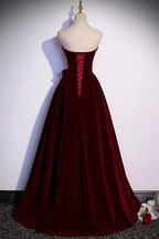 Vestido longo de veludo bordô para baile vestido de noite em linha A s86
