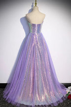 Vestido de noite longo para baile de finalistas em tule roxo com lantejoulas s84