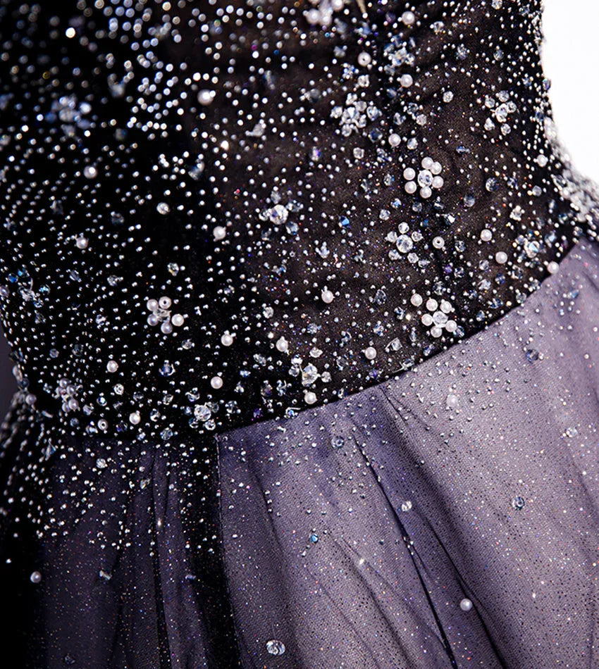 Vestido longo roxo de tule com decote em V e contas para baile de finalistas vestido de noite s104