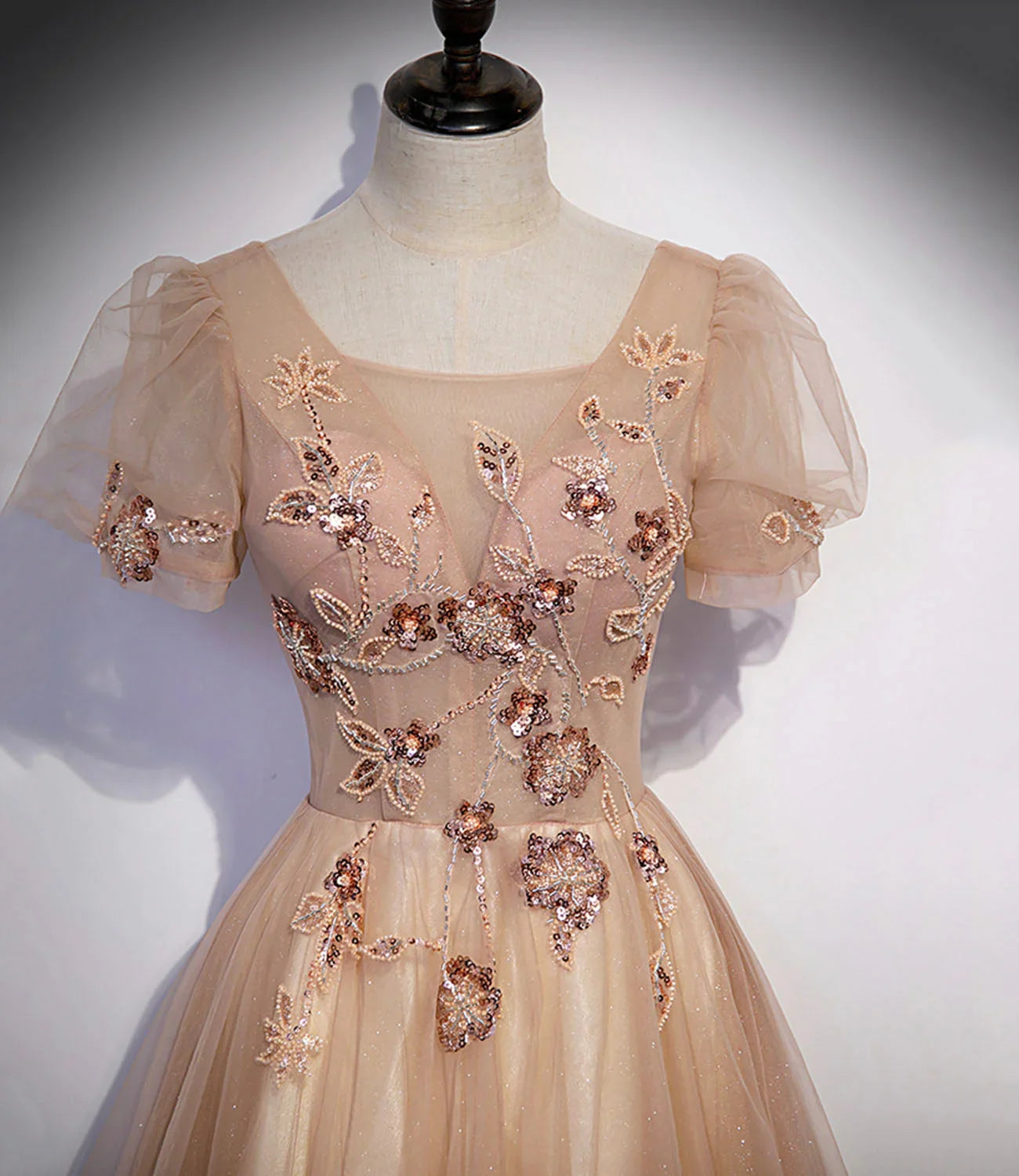 Abito lungo da sera a linea A con perline di tulle carine s63