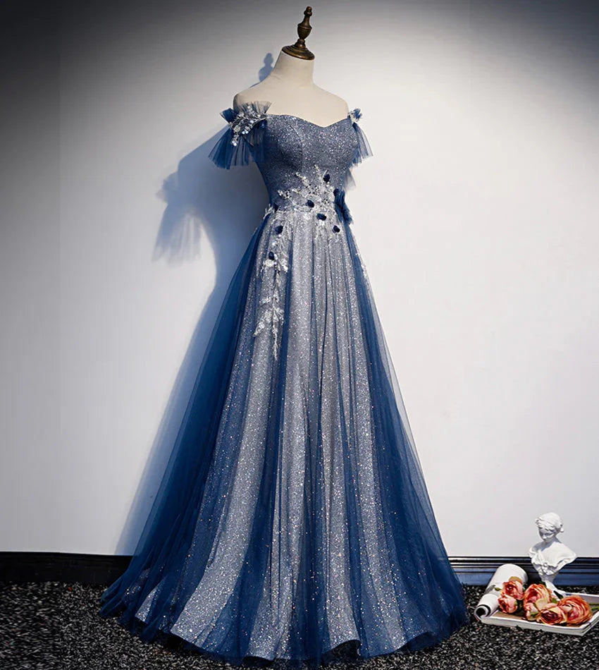 Robe longue de bal en tulle brillant à sequins bleue robe de soirée s102