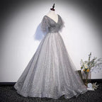 Abito lungo da sera a linea A in tulle grigio con paillettes s65