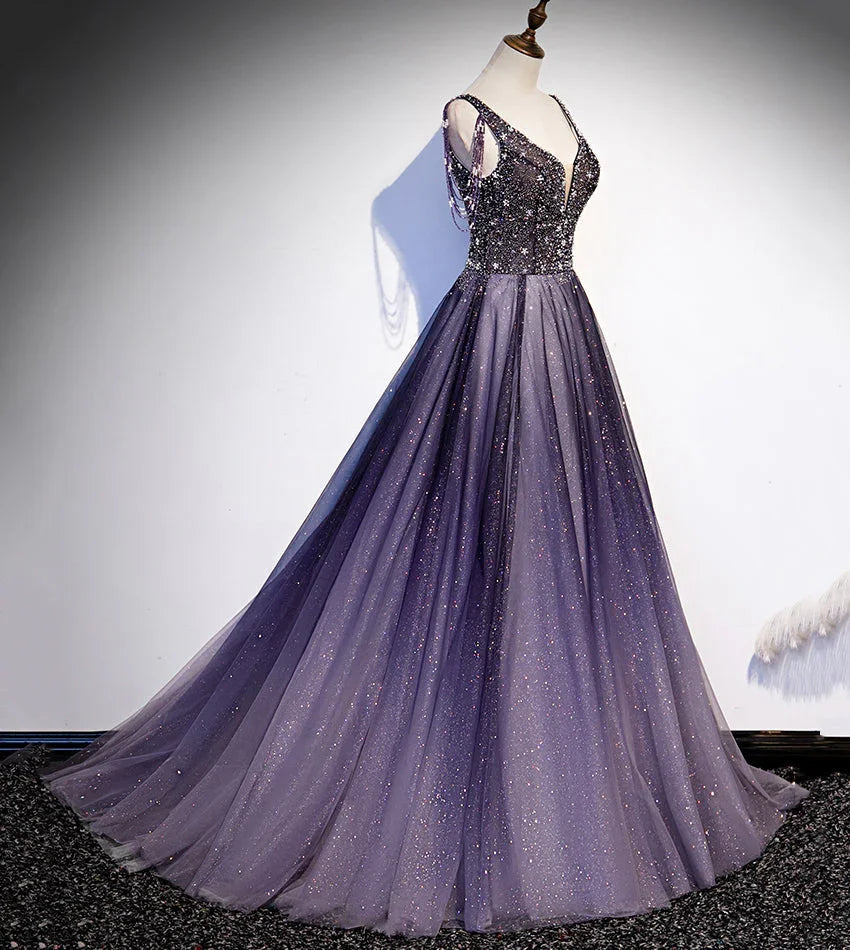 Vestido longo roxo de tule com decote em V e contas para baile de finalistas vestido de noite s104