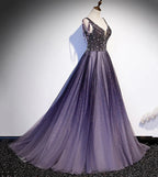 Vestido longo roxo de tule com decote em V e contas para baile de finalistas vestido de noite s104