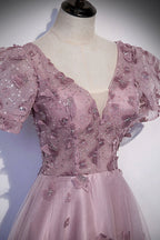 Abito lungo da sera rosa in tulle con paillettes, abito da ballo rosa s61