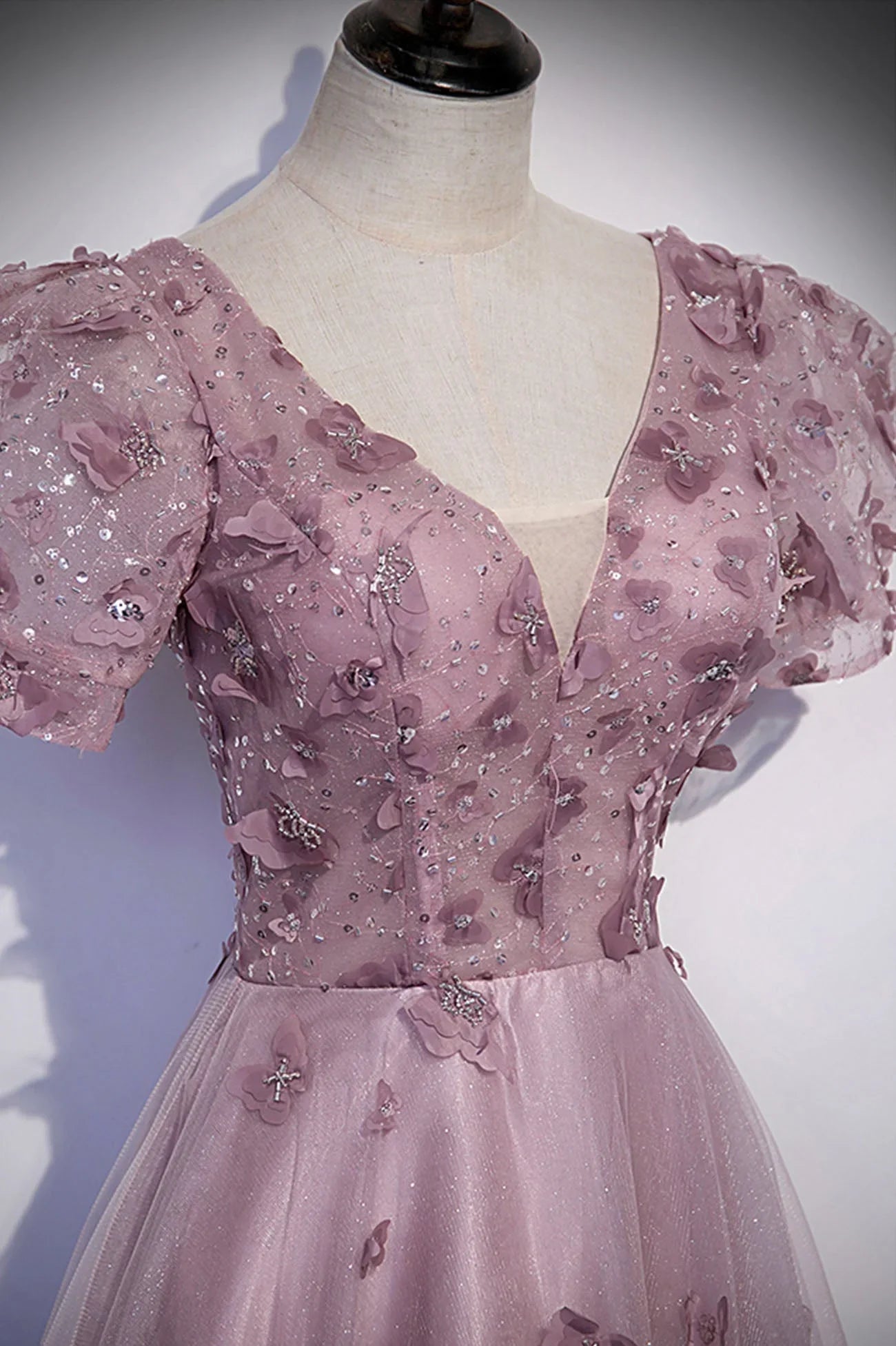Abito lungo da sera rosa in tulle con paillettes, abito da ballo rosa s61