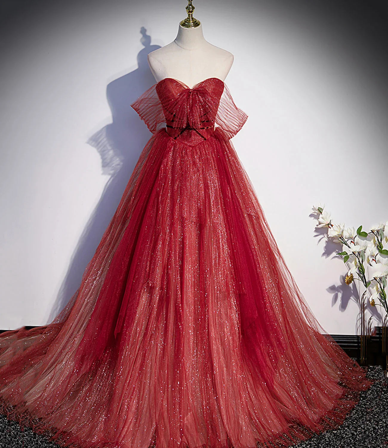 Abito lungo da sera a linea A in tulle bordeaux con paillettes, vestito da ballo s55