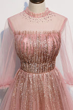 Vestido longo de baile de finalistas em tule cor-de-rosa com lantejoulas vestido de noite cor-de-rosa s109