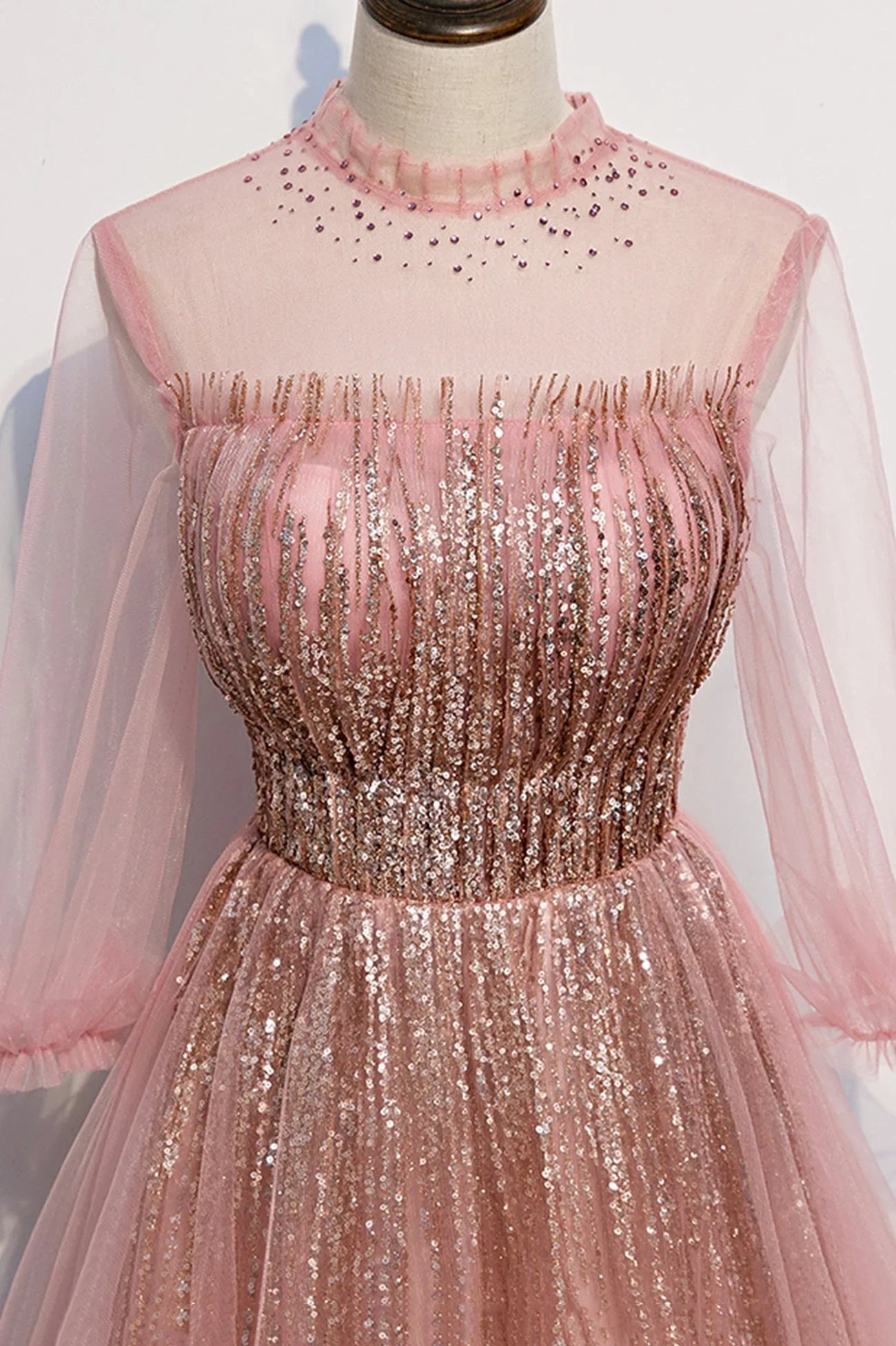 Abito lungo da sera rosa in tulle con paillettes, abito da ballo rosa s109