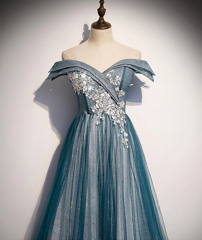 Abito lungo da sera in pizzo di tulle blu con spalle scoperte s105
