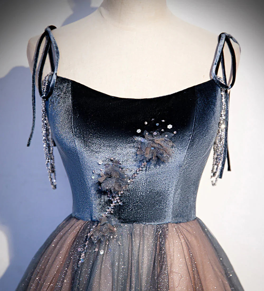 Abito lungo da sera in tulle blu con paillettes, abito da ballo s80