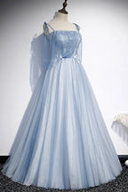 Abito lungo da sera a linea A in tulle blu s72