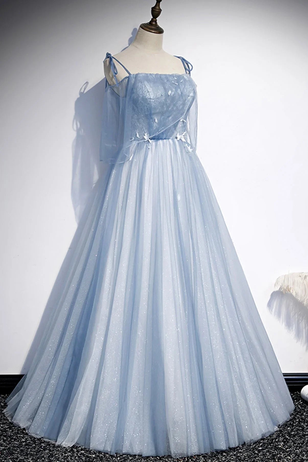 Abito lungo da sera a linea A in tulle blu s72