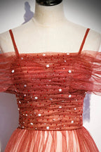 Abito lungo da sera in tulle bordeaux a linea ad A per ballo s75