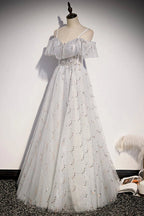 Elegante abito lungo da sera a linea A con paillettes in tulle s71