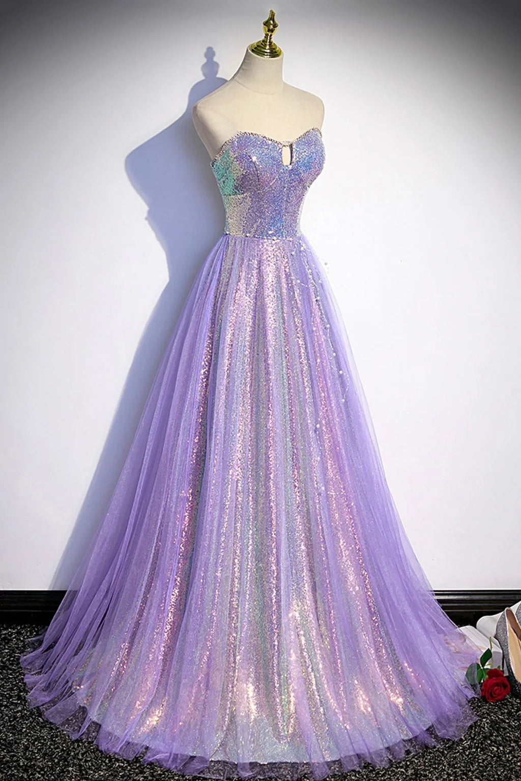 Vestido de noite longo para baile de finalistas em tule roxo com lantejoulas s84