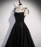Vestido longo de baile em tule preto com contas Vestido de noite em linha A s58