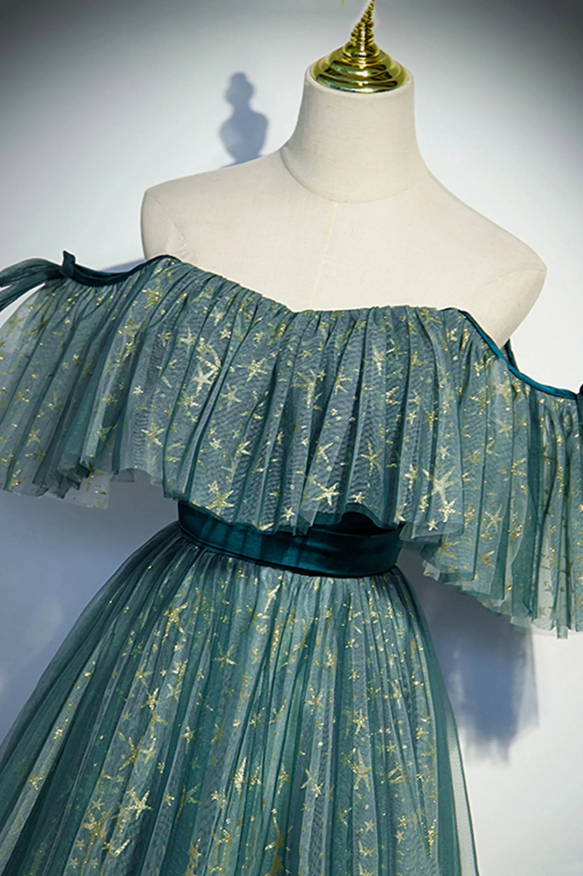 Abito lungo da sera a linea A con paillettes e tulle carino s90