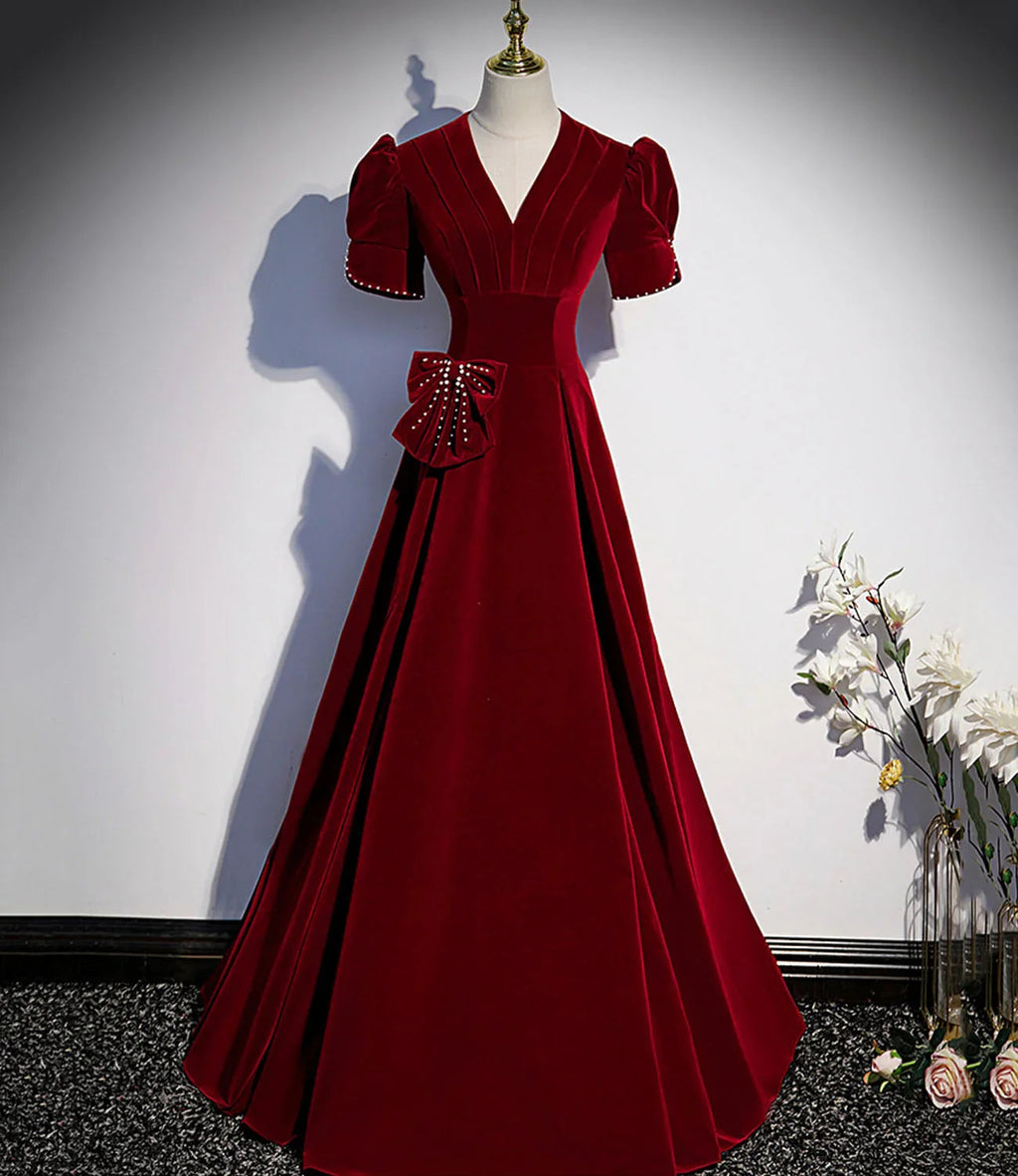Vestido longo de baile com decote em V cor bordô Vestido de noite corte em A s54