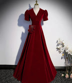 Vestido longo de baile com decote em V cor bordô Vestido de noite corte em A s54