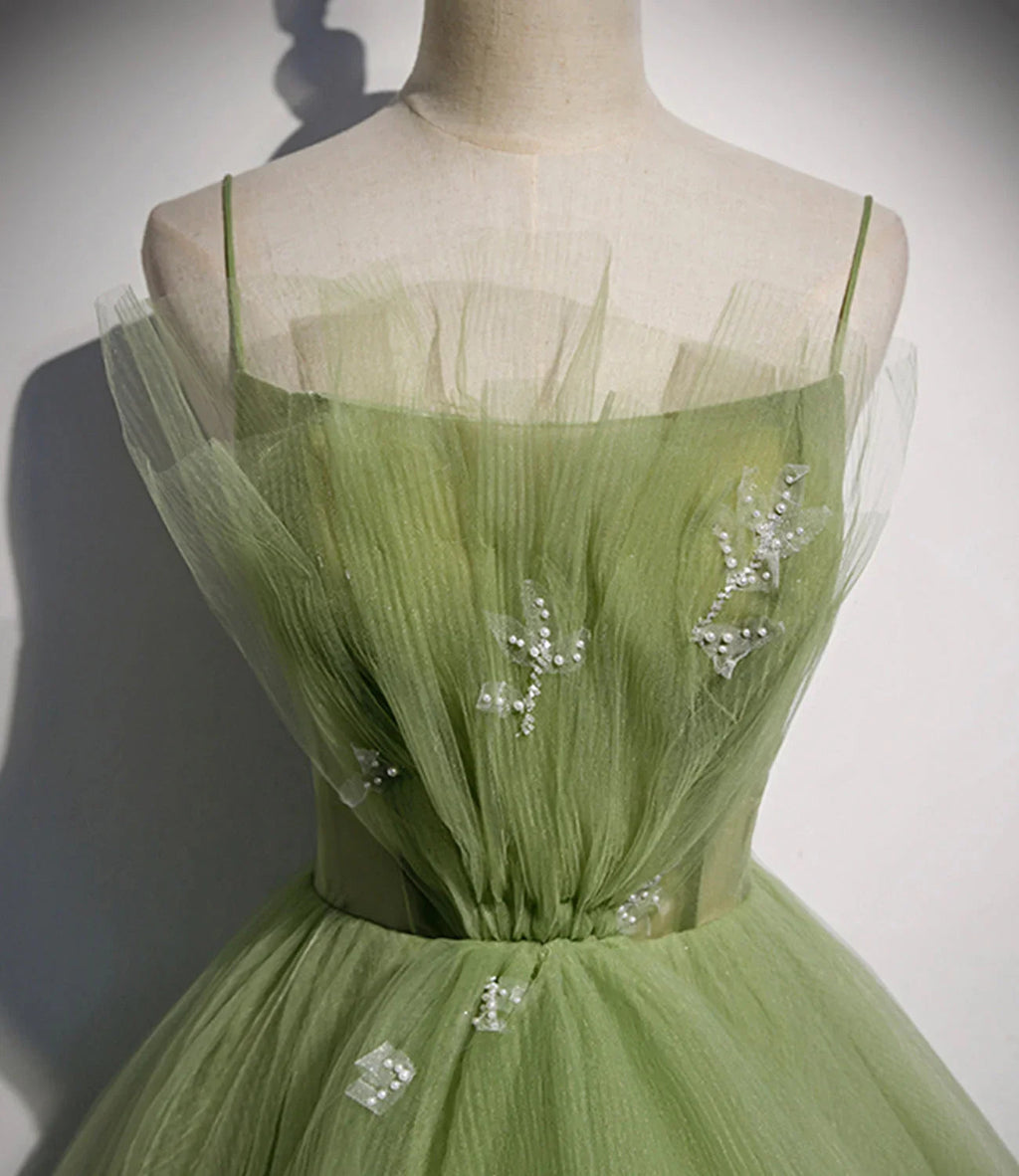 Abito lungo da sera in tulle verde a linea ad A s56
