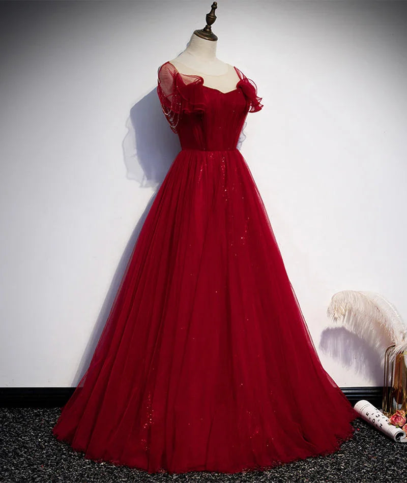 Abito lungo da sera in tulle bordeaux per ballo s82