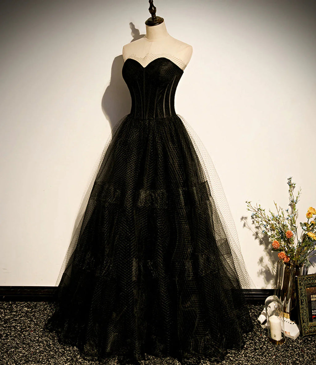 Vestido longo de tule preto em linha A para baile, vestido de noite preto s68