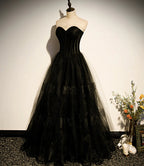 Vestido longo de tule preto em linha A para baile, vestido de noite preto s68