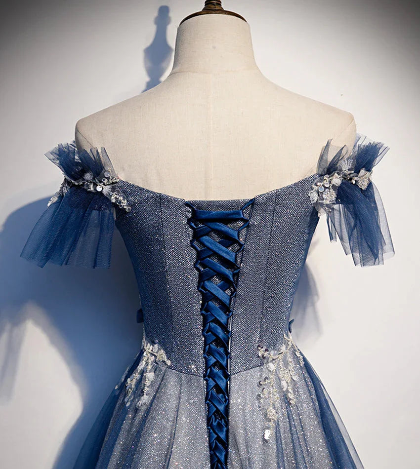 Robe longue de bal en tulle brillant à sequins bleue robe de soirée s102