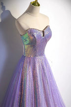 Vestido de noite longo para baile de finalistas em tule roxo com lantejoulas s84