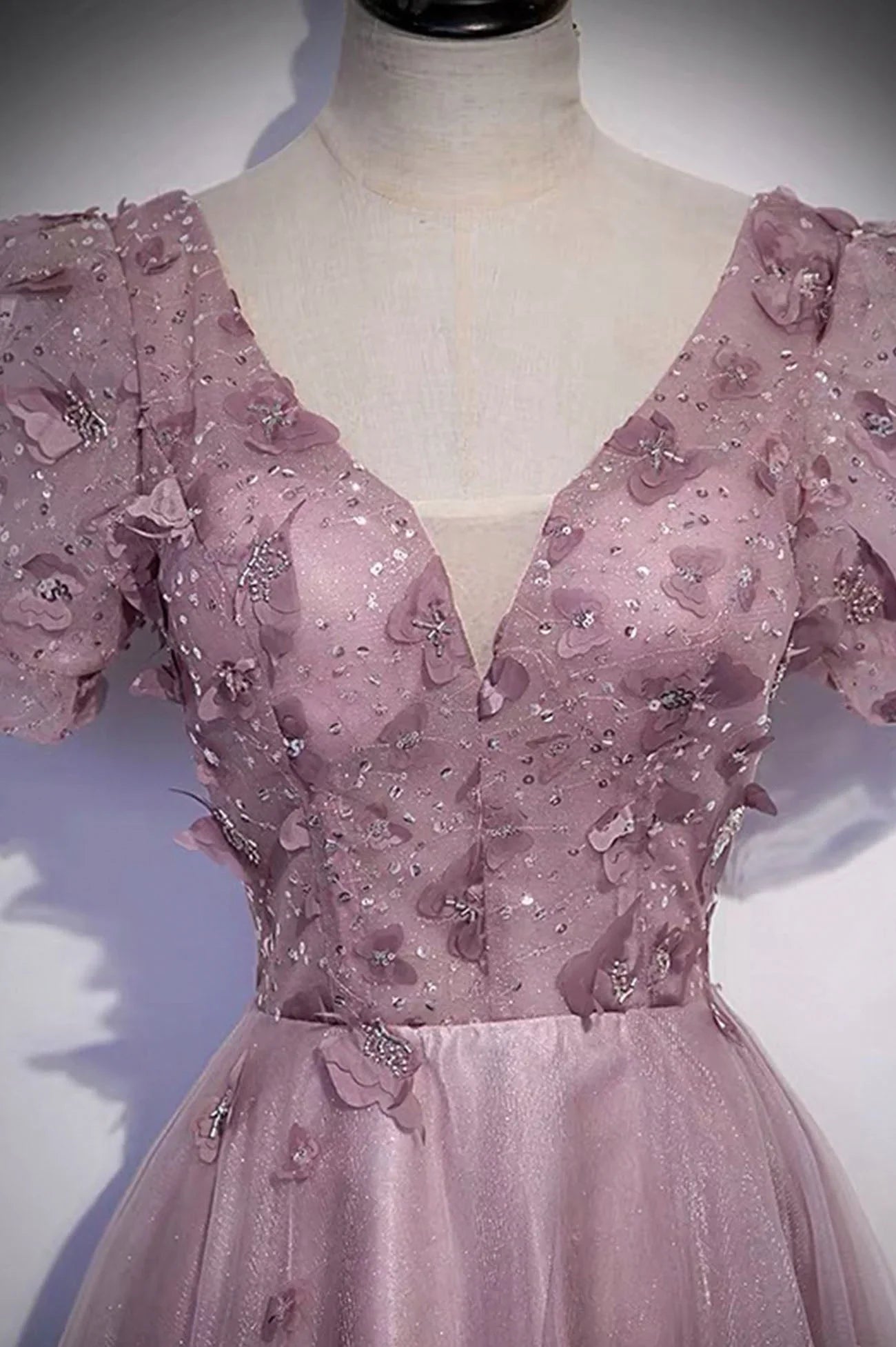 Abito lungo da sera rosa in tulle con paillettes, abito da ballo rosa s61
