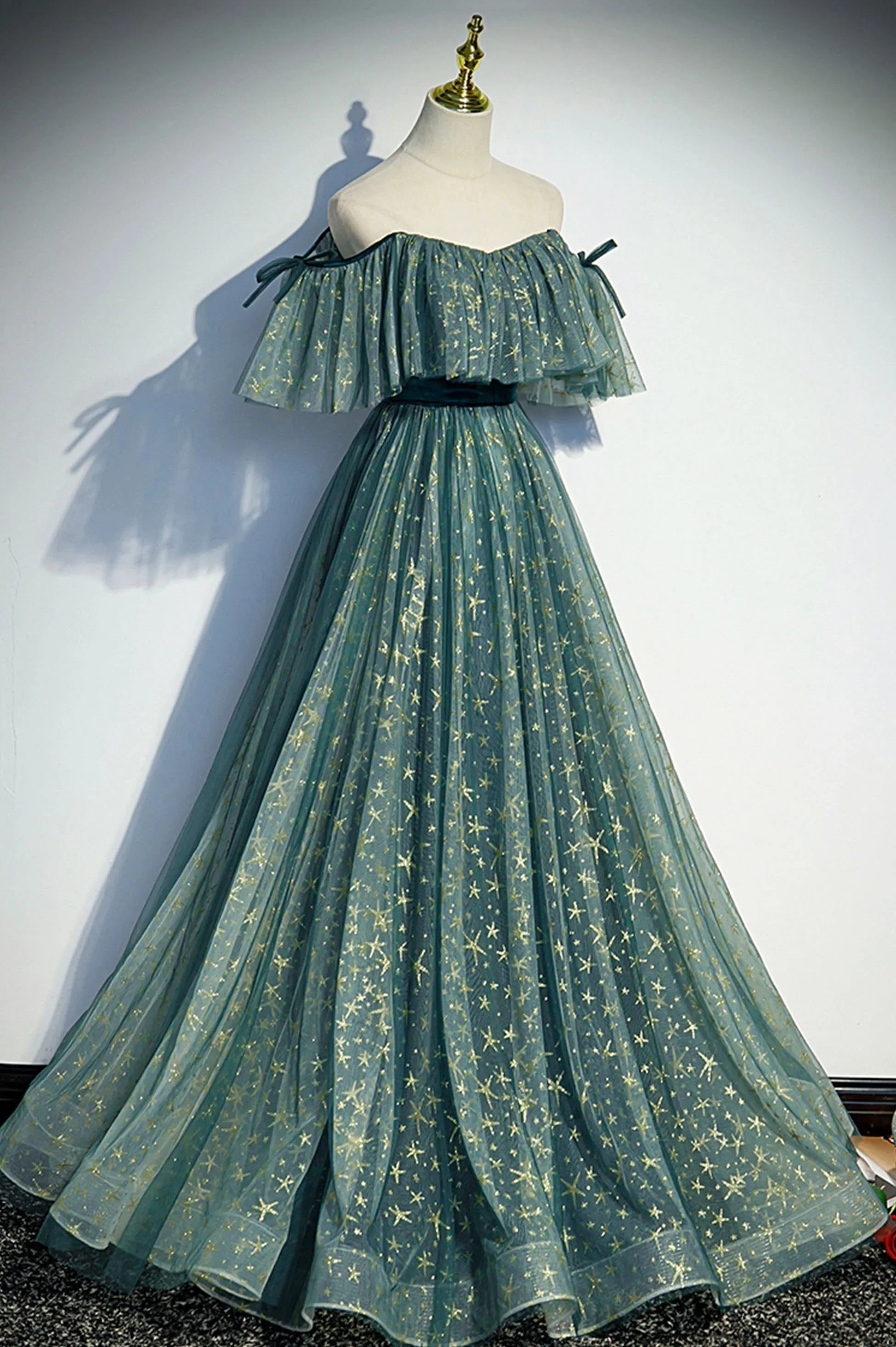 Abito lungo da sera a linea A con paillettes e tulle carino s90