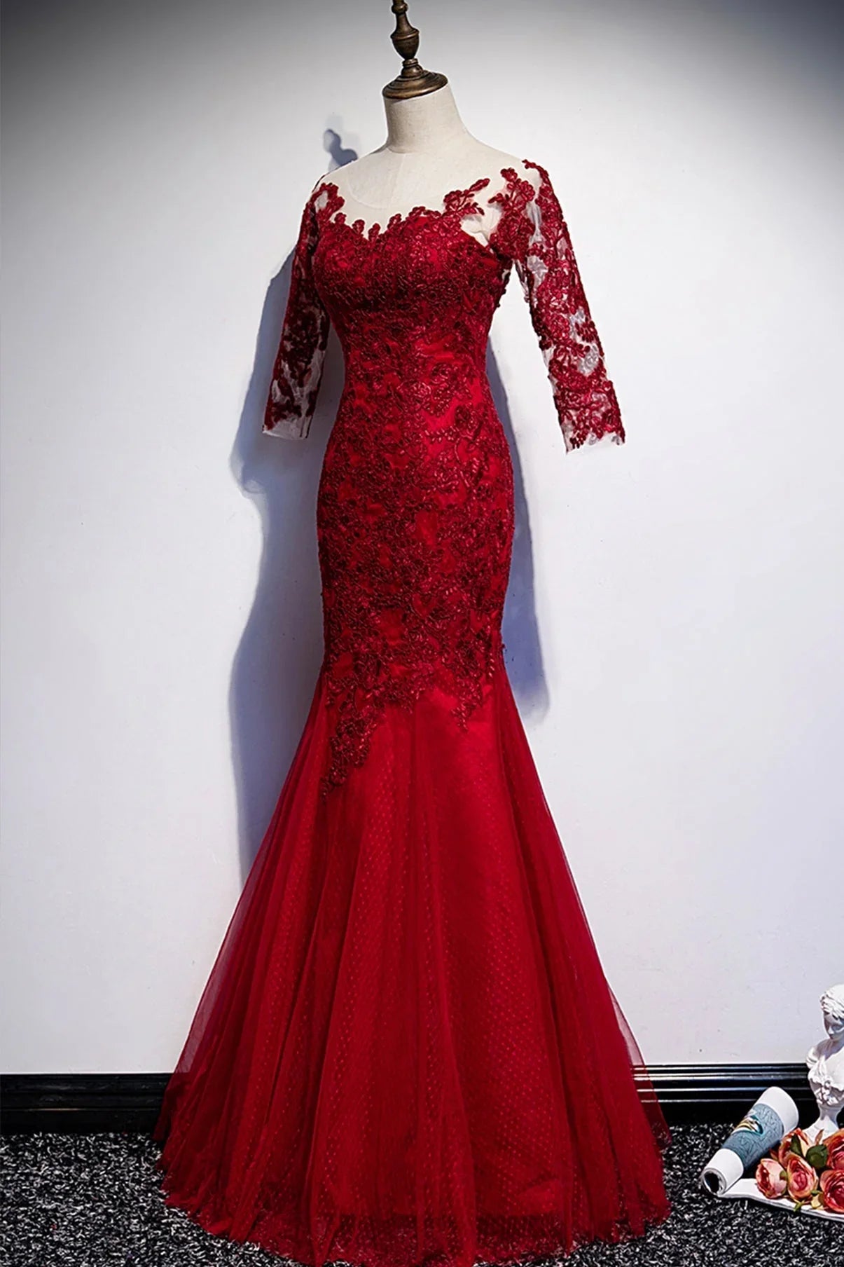 Vestido longo de renda borgonha para baile de finalistas, vestido de noite sereia s110